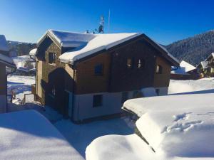 dom pokryty śniegiem z pokrytymi śniegiem dachami w obiekcie Horská Chata Ostružiny w mieście Donovaly