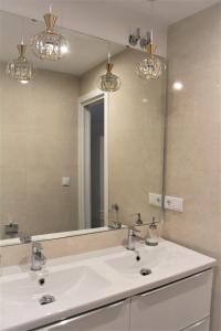 a bathroom with a sink and a large mirror at Panther Home Sierpes in Seville +32 photos