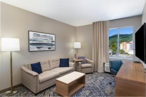 uma sala de estar com um sofá e uma televisão em Candlewood Suites - Asheville Downtown, an IHG Hotel em Asheville