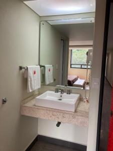 bagno con lavandino e grande specchio di HOTEL HUIPULCO a Città del Messico