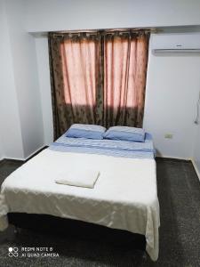 a bed in a room with a curtain at Moderno y amplio apartamento con vista fantástica en pleno centro in Ciudad del Este