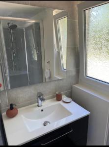 a bathroom with a white sink and a mirror at Charmant chalet cocooning avec Jacuzzi in Arthon +10 photos