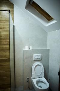 uma casa de banho com um WC e uma cabina de duche. em Amico Hotel em Pristina