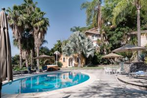 una piscina con sombrillas y una casa en Casa Galeana- Tropical 1-BD 1-WC Mountain Top Luxury Suite with Stunning Views, en Ajijic