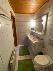 een badkamer met een wastafel, een toilet en groene matten bij Landler Auszeit in Thiersee