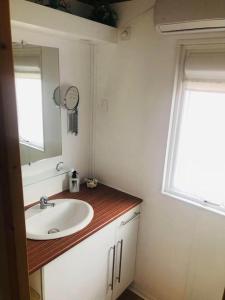 łazienka z umywalką, lustrem i oknem w obiekcie Le 77 - chalet nature proche S.Besse w mieście Égliseneuve-dʼEntraigues +10 zdjęć