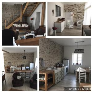three pictures of a living room and a kitchen at Gîte de charme Les Trois Chênes in Augères