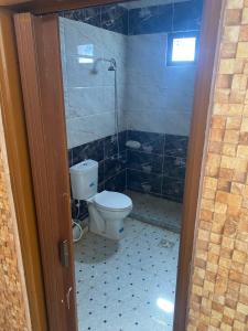 a bathroom with a toilet and a shower at Nabati hostel in Wadi Musa