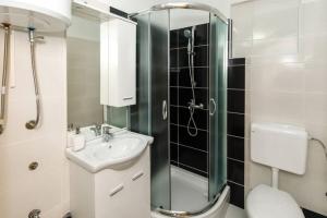 a bathroom with a shower and a toilet and a sink at Kuća za odmor ARIJA sa velikim vanjskim bazenom in Knin +26 photos