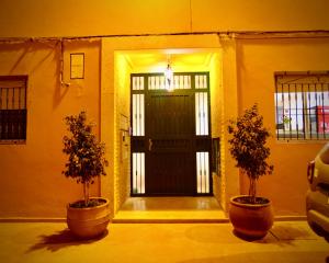two potted trees in pots in front of a door at Atlantica Ifri Surf Suites in Tamraght Oufella
