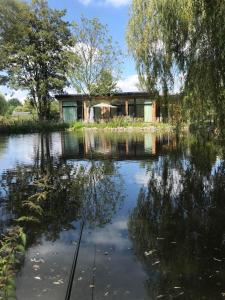HammeにあるTrendy chalet aan visvijverの湖の中の家