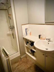 a bathroom with a sink and a shower at Modern ground floor apartment with free parking very near centre in Ripon