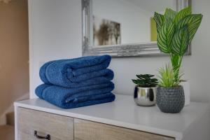 uma toalha azul sentada em cima de um armário na casa de banho em Elizabeth Townhouse Braintree 