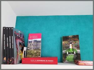 four books sitting on top of a shelf at Cosy Case between Disney and Paris in Champs-Sur-Marne