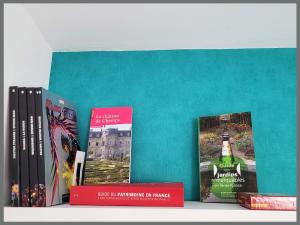 cuatro libros sentados en la parte superior de un estante en Cosy Case between Disney and Paris, en Champs-Sur-Marne