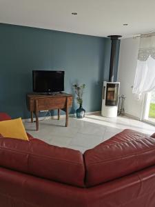 een woonkamer met een bruine bank en een tv bij , Le Noyer Gourmand Havre de paix 5 chambres 2 lits parapluies in Illois