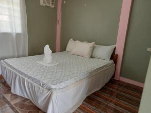 a bed in a room with a pink and white bedvisor at Basio's Place Tourist Inn by RedDoorz in San Vicente