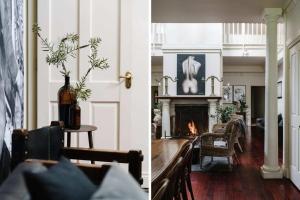 two images of a living room with a fireplace at The Manor House Daylesford in Daylesford
