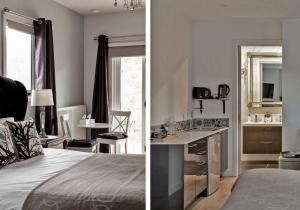 two pictures of a bedroom with a bed and a kitchen at Ascona - Hepburn Springs Daylesford in Hepburn Springs