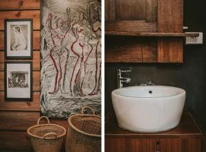 two pictures of a bathroom with a sink and baskets at The Stables Daylesford in Daylesford
