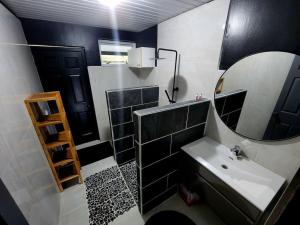 a bathroom with a sink and a mirror at Maddy's House in Maatea