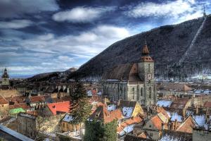 an aerial view of a town in the snow at Casa Iacob in Braşov