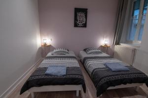 twee bedden naast elkaar in een kamer bij Appartement Quai Jean Jaurès Le Panorama in Mâcon