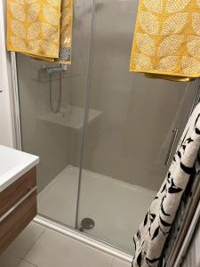 a shower with a glass door in a bathroom at Chiswick two minutes station home in London