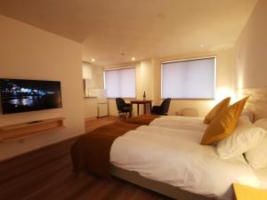 um quarto de hotel com uma cama grande e uma televisão em Fujio Pension Madarao Apartment Hotel & Restaurant em Iiyama