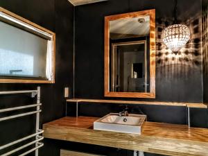 uma casa de banho com um lavatório e um espelho em Fujio Pension Madarao Apartment Hotel & Restaurant em Iiyama