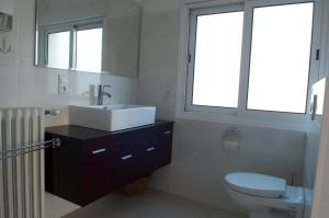 a bathroom with a sink and a toilet and two windows at Au Jardin Saint Laurent in Eu