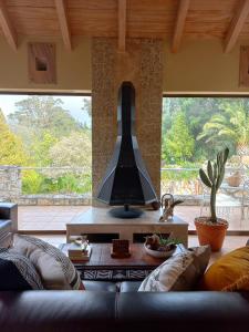 a living room with a couch and a stove at Essenhout Self-catering Accommodation in Grabouw