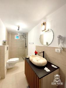 ein Badezimmer mit einem Waschbecken, einem WC und einem Spiegel in der Unterkunft Regina Munților Spa&Confort in Moieciu de Sus