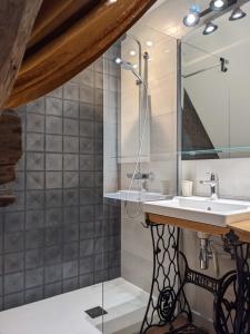 een badkamer met een wastafel en een douche bij Le 14 Faubourg in Beaune