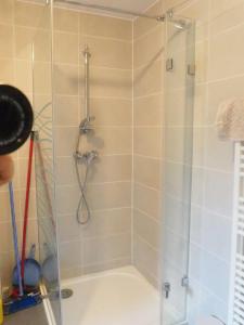 a shower with a glass door in a bathroom at Les Halles : Studio Cosy et Moderne in Strasbourg