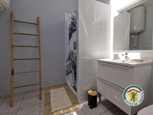 La salle de bains blanche est pourvue d'un lavabo et d'une douche. dans l'établissement Studio pratique, Garage gratuit, Esprit Auber, à Béziers