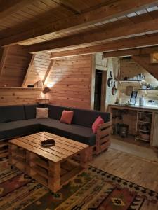 Cozy Forest Hut near Sarajevo في بال: غرفة معيشة مع أريكة وطاولة قهوة
