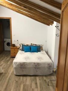 a bedroom with a bed with blue pillows at Vivienda el Olivar in Mogón