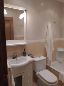 La salle de bains est pourvue de toilettes, d'un lavabo et d'un miroir. dans l'établissement Adosado de María - Para 4 pax en Posada de Llanes, à Llanes