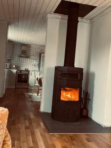 a stove in a living room with a kitchen at Ruth & Iris Cottage in Nässjö