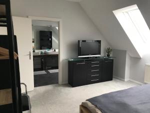 um quarto com uma televisão numa cómoda e uma casa de banho em Apartment Zebra em Viena