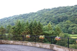 a fence with flower pots on it with a mountain at Glenn Eireann House in Cushendun
