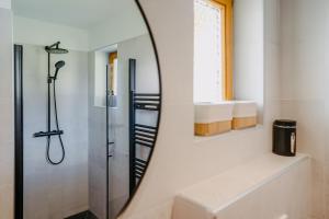 a bathroom with a shower and a mirror at Kellerstöckl Huber in Eisenberg in Eisenberg an der Pinka