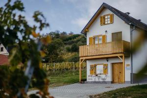 een huis met een balkon en een terras bij Kellerstöckl Huber in Eisenberg in Eisenberg an der Pinka