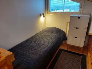 una piccola camera con letto e finestra di Polar Star Moonlight Apartments a Levi