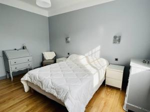 sypialnia z białym łóżkiem i komodą w obiekcie Maison T4 à Cambo-les-Bains: 5 couchages, jardin arboré, balcon, cheminée, animaux acceptés, Wi-Fi fibre - FR-1-495-114 w mieście Cambo-les-Bains