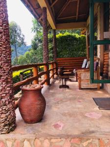 a large vase sitting on the patio of a house at Bwindi Forest Lodge in Buhoma