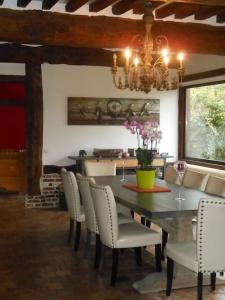 ein Esszimmer mit einem Tisch, Stühlen und einem Kronleuchter in der Unterkunft Belle demeure Normande dans son écrin de verdure. in Manneville-sur-Risle