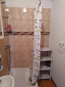 cortina de ducha en el baño con lavabo y bañera en Apartments Elena & Damir, en Vis