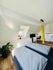 a white bedroom with a bed and a desk at Himmlische Weite 3 in Schweinfurt